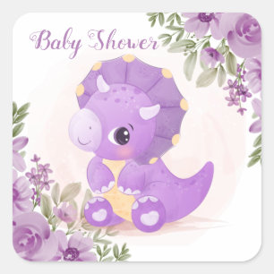 Niedliche Lila Dinosaurier mit Florals Babydusche Quadratischer Aufkleber