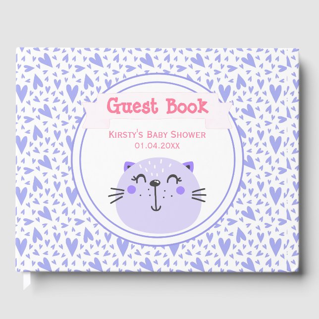 Niedliche Lila Katze | Lilac Hearts Baby Shower Gästebuch (Vorderseite)