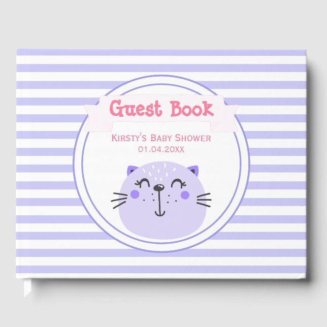 Niedliche Lila Katze | Lilac Stripe Babydusche Gästebuch (Vorderseite)