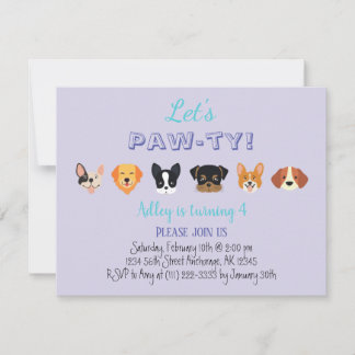 Niedliche Lila Let's Pawty Girl Welppy-Geburtstags Einladung