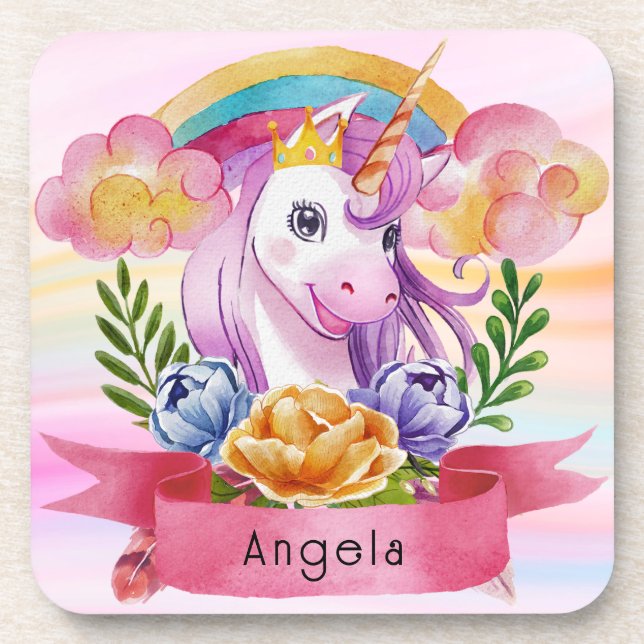 Niedliche Lila Mädchen Unicorn Rainbow Individuell Getränkeuntersetzer (Vorderseite)