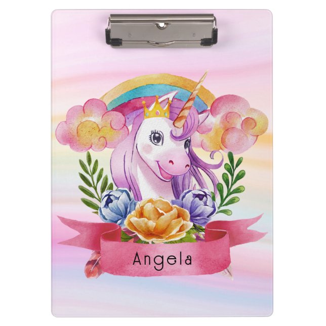 Niedliche Lila Mädchen Unicorn Rainbow Individuell Klemmbrett (Vorderseite)