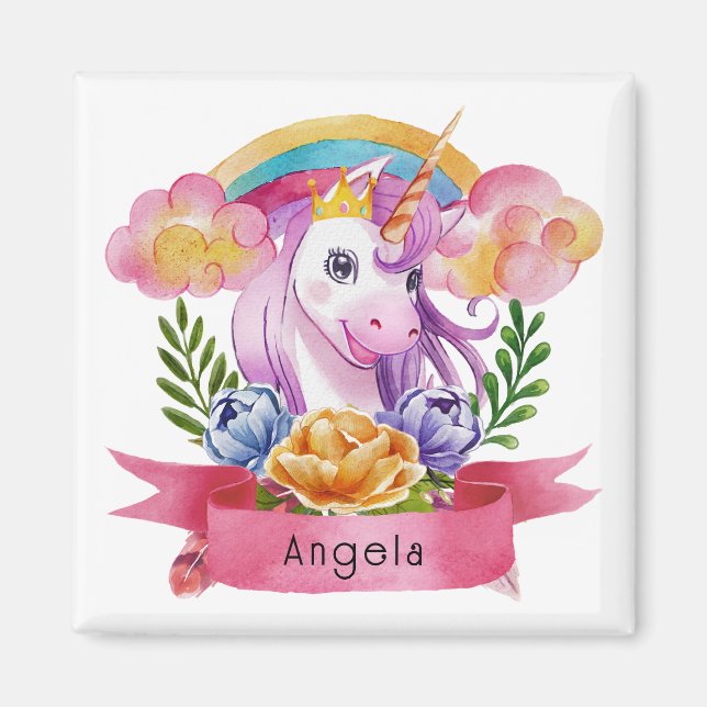 Niedliche Lila Mädchen Unicorn Rainbow Individuell Magnet (Vorne)