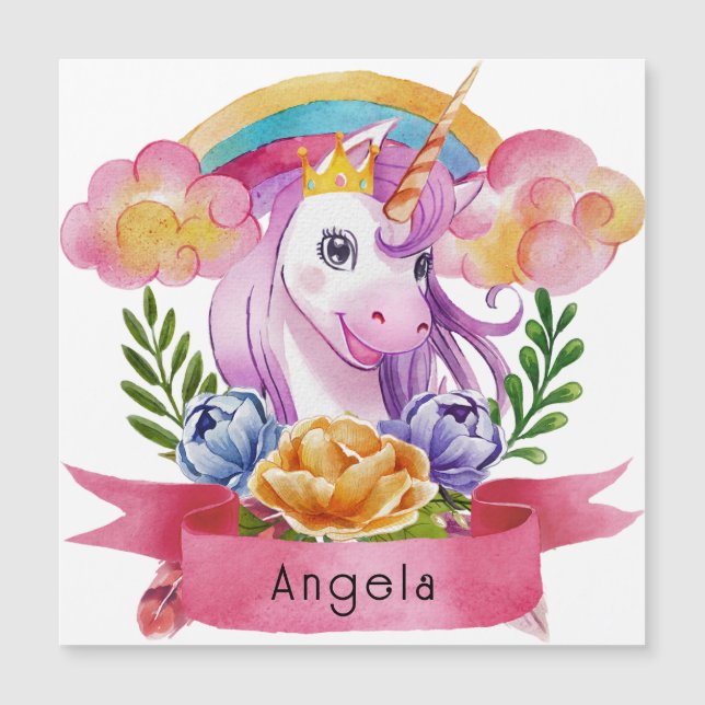 Niedliche Lila Mädchen Unicorn Rainbow Individuell Magnetkarte (Vorderseite)