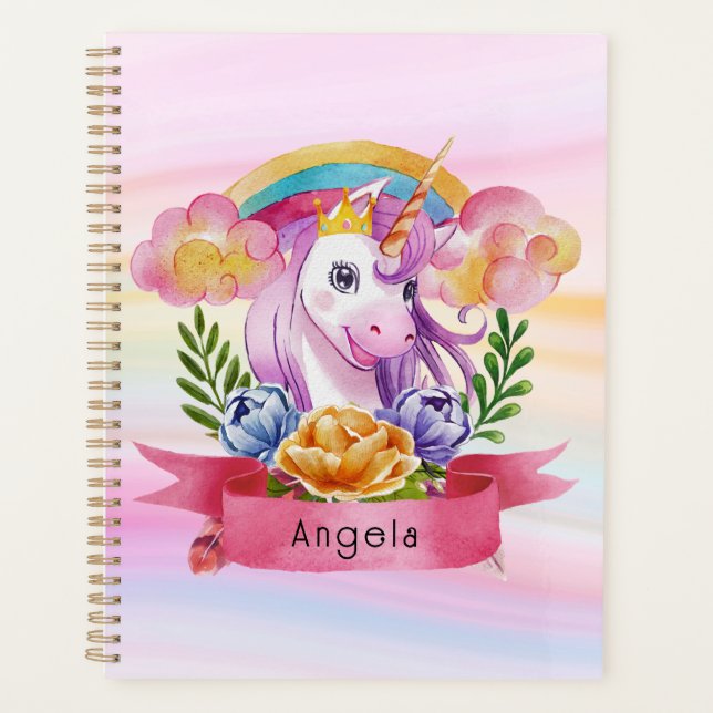 Niedliche Lila Mädchen Unicorn Rainbow Individuell Planer (Vorderseite)