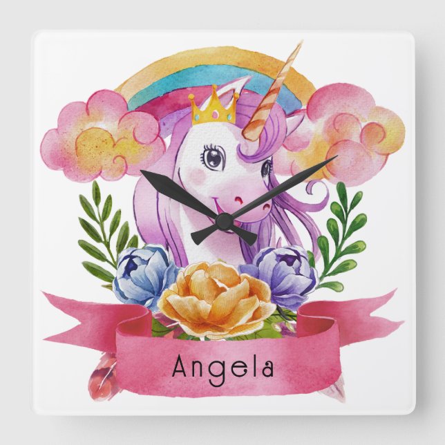 Niedliche Lila Mädchen Unicorn Rainbow Individuell Quadratische Wanduhr (Vorderseite)