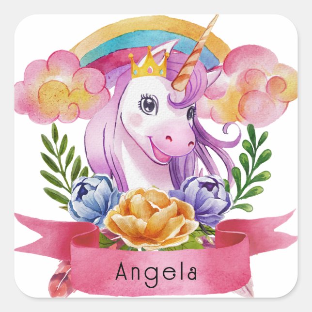 Niedliche Lila Mädchen Unicorn Rainbow Individuell Quadratischer Aufkleber (Vorderseite)