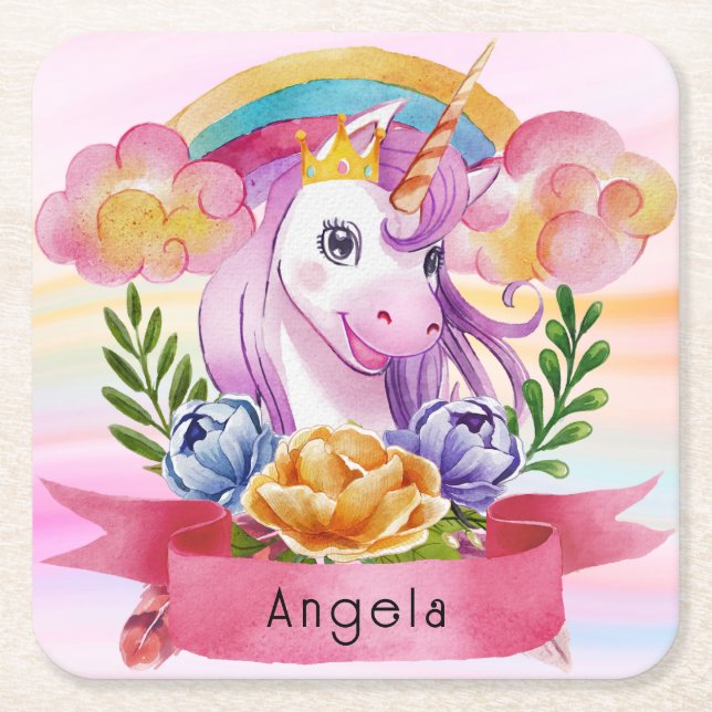 Niedliche Lila Mädchen Unicorn Rainbow Individuell Rechteckiger Pappuntersetzer (Vorderseite)