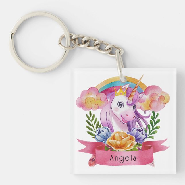 Niedliche Lila Mädchen Unicorn Rainbow Individuell Schlüsselanhänger (Vorderseite)