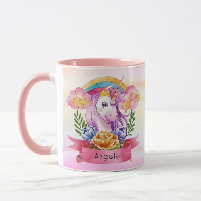 Niedliche Lila Mädchen Unicorn Rainbow Individuell Tasse (Links)