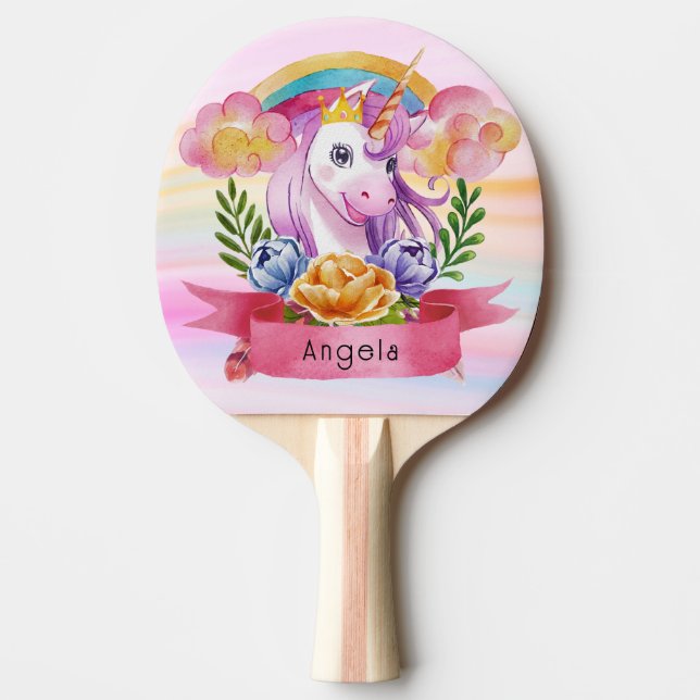 Niedliche Lila Mädchen Unicorn Rainbow Individuell Tischtennis Schläger (Vorderseite)