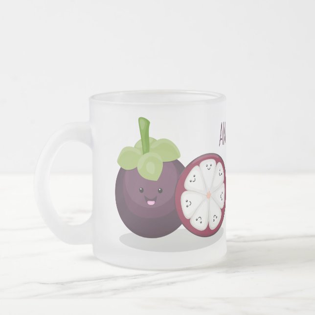 Niedliche lila Mangostanfrucht Cartoon Abbildung Mattglastasse (Links)