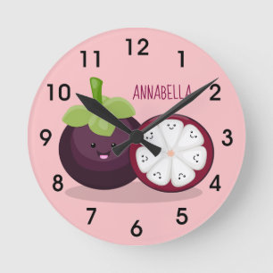 Niedliche lila Mangostanfrucht Cartoon Abbildung Runde Wanduhr