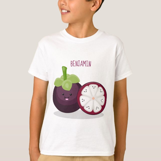 Niedliche lila Mangostanfrucht Cartoon Abbildung T-Shirt (Vorderseite)