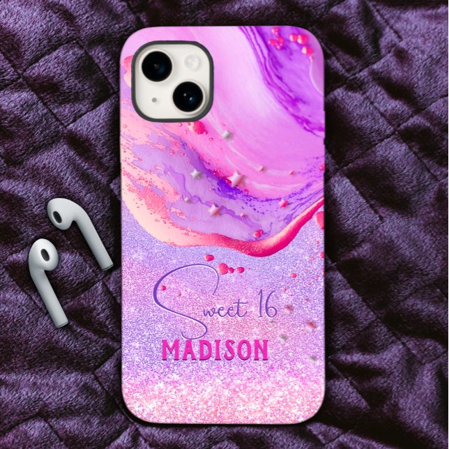 Niedliche lila Marmorkunst Glitzer Monogramm Case-Mate iPhone Hülle (Von Creator hochgeladen)