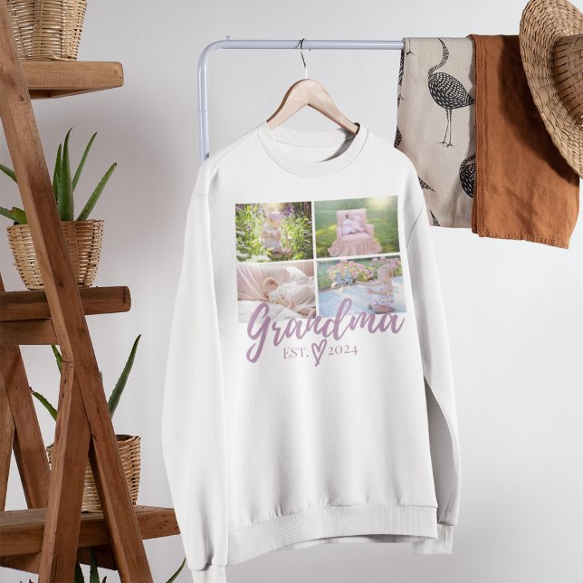 Niedliche Lila Oma-FotoCollage Sweatshirt (White sweatshirt with a photo collage and "Grandma EST. 2024" in purple font, displayed on a hanger )
