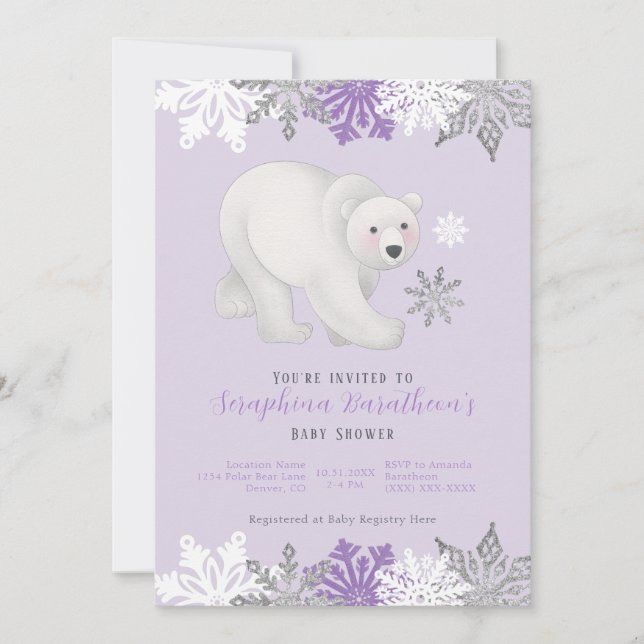 Niedliche Lila Polar Bear Baby Dusche Einladung (Vorderseite)
