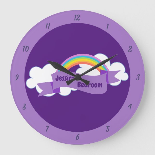 Niedliche Lila Rainbow Monogram Girls Schlafzimmer Große Wanduhr (Vorderseite)