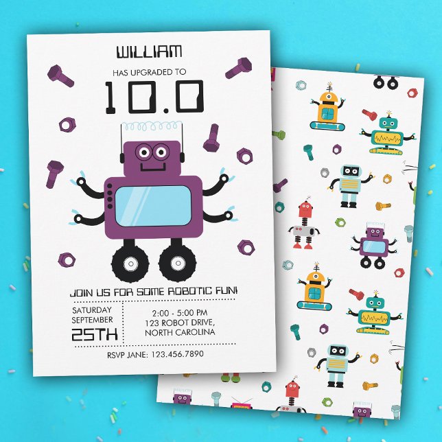 Niedliche Lila Robot Theme Kids Roboter Geburtstag Einladung (Cute Purple Robot Theme Kids Robots Birthday Party Invitation)