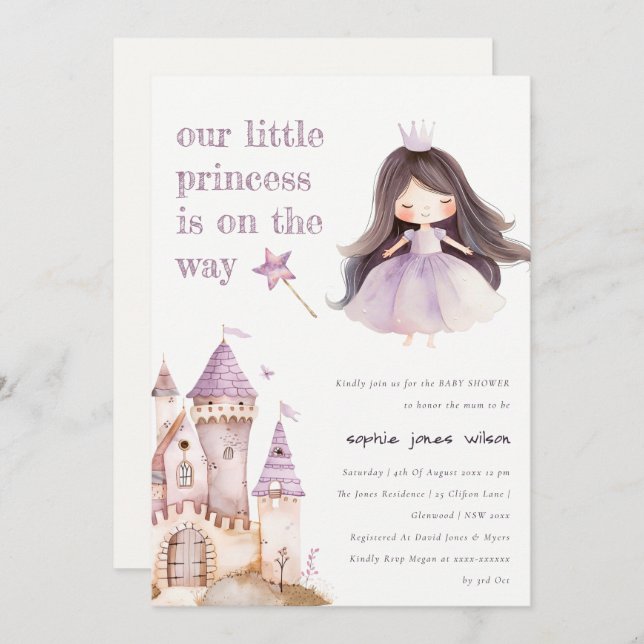 Niedliche Lilac Princess Castel Watercolor Babydus Einladung (Vorne/Hinten)
