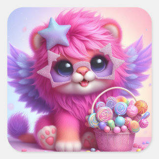 Niedliche Lioness mit Wings & Bonbons Quadratischer Aufkleber