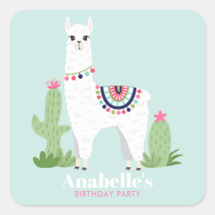 Niedliche Llama Girl's Geburtstagsparty Quadratischer Aufkleber