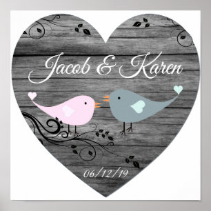 Niedliche Lovebirds Imitate Holz Herz Poster