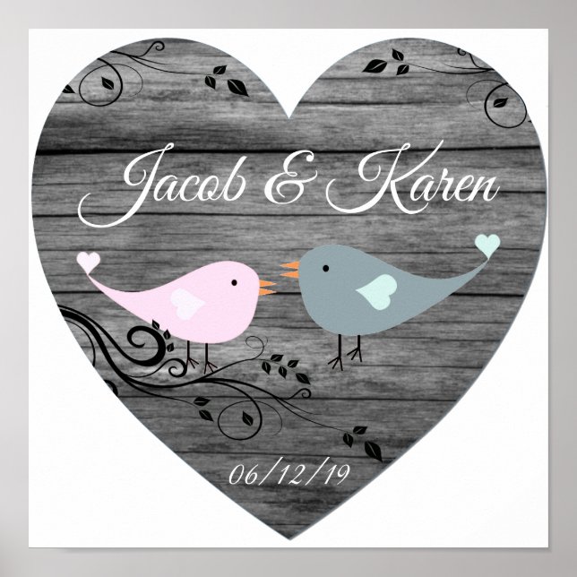 Niedliche Lovebirds Imitate Holz Herz Poster (Vorne)