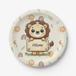 Niedliche Löwe mit Namensschild Pappteller