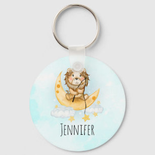 Niedliche Löwenfischerei auf dem Mond Schlüsselanhänger