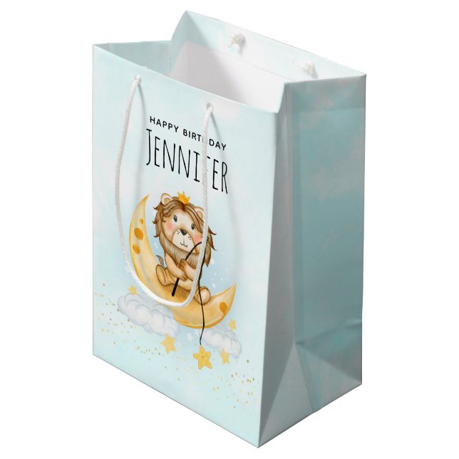 Niedliche Löwenfischerei auf dem Mond Wasserfarbe  Mittlere Geschenktüte (Vorderseite Schrägansicht)