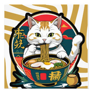 Niedliche Lucky Cat Eating Ramen Bowl Illustration Fotodruck