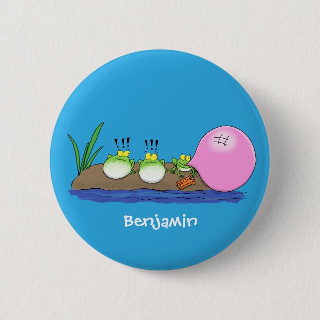 Niedliche lustige Froschbläschen-Cartoon-Abbildung Button (Vorderseite)