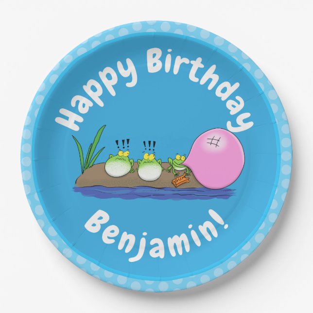 Niedliche lustige Froschbläschen-Cartoon-Abbildung Pappteller (Vorderseite)