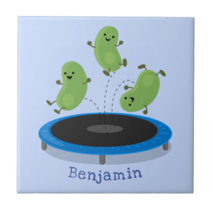 Niedliche, lustige grüne Bohnen auf Trampolin-Cart Fliese