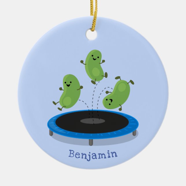 Niedliche, lustige grüne Bohnen auf Trampolin-Cart Keramik Ornament (Vorne)