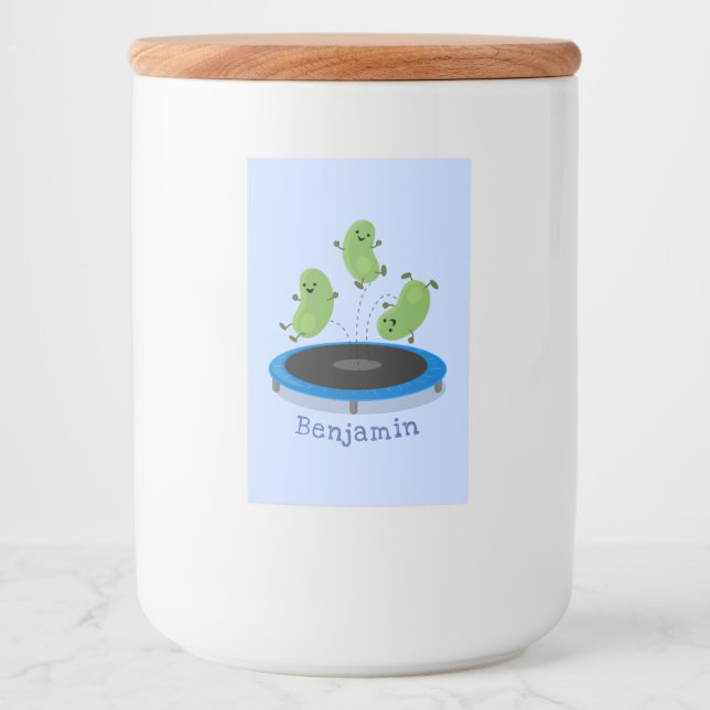 Niedliche, lustige grüne Bohnen auf Trampolin-Cart Lebensmitteletikett (Vorderseite)