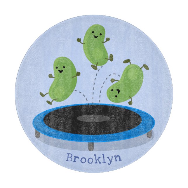 Niedliche, lustige grüne Bohnen auf Trampolin-Cart Schneidebrett (Vorderseite)