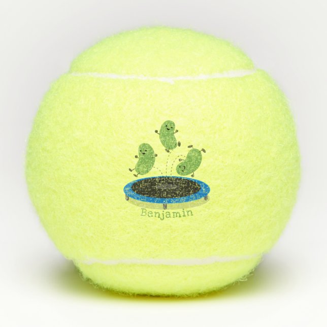 Niedliche, lustige grüne Bohnen auf Trampolin-Cart Tennisbälle (Vorderseite)