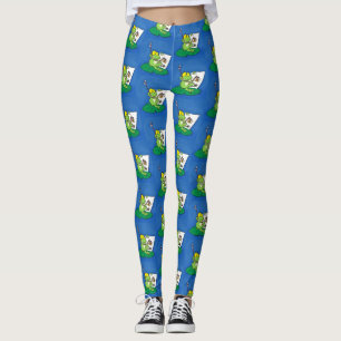 Niedliche, lustige, grüne Froschszene Cartoon-Abbi Leggings