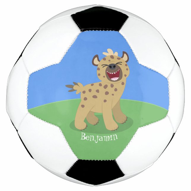 Niedliche lustige Hyäne lacht Cartoon Illustration Fußball (Vorderseite)