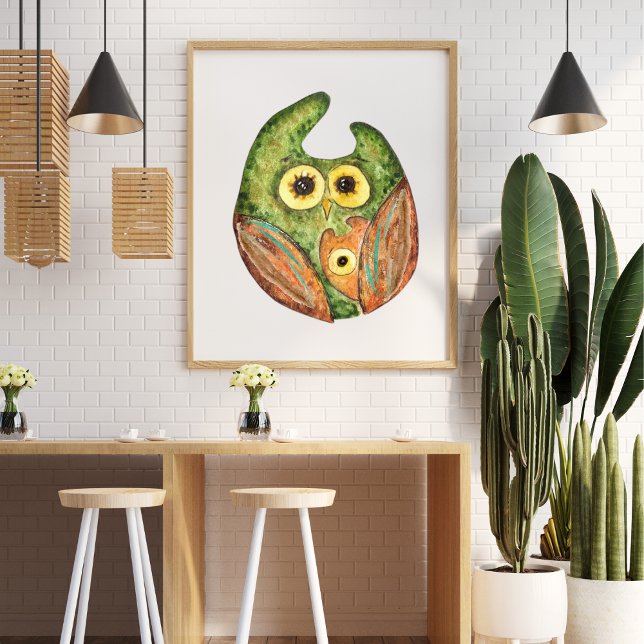 Niedliche, lustige Uhu, grün orange Poster (Von Creator hochgeladen)