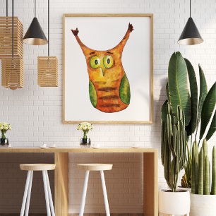 Niedliche, lustige Uhu, grün orange Poster