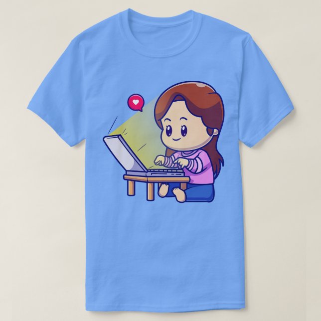 Niedliche Mädchen arbeiten auf Laptop-Cartoon T-Shirt (Design vorne)