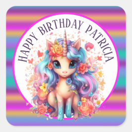 niedliche Mädchen Happy Birthday Einhorn Quadratischer Aufkleber