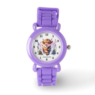 Niedliche Mädchen Hochlandkuh geben den Namen Armbanduhr