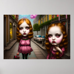 Niedliche Mädchen posieren auf ihrer Straße für ei Poster