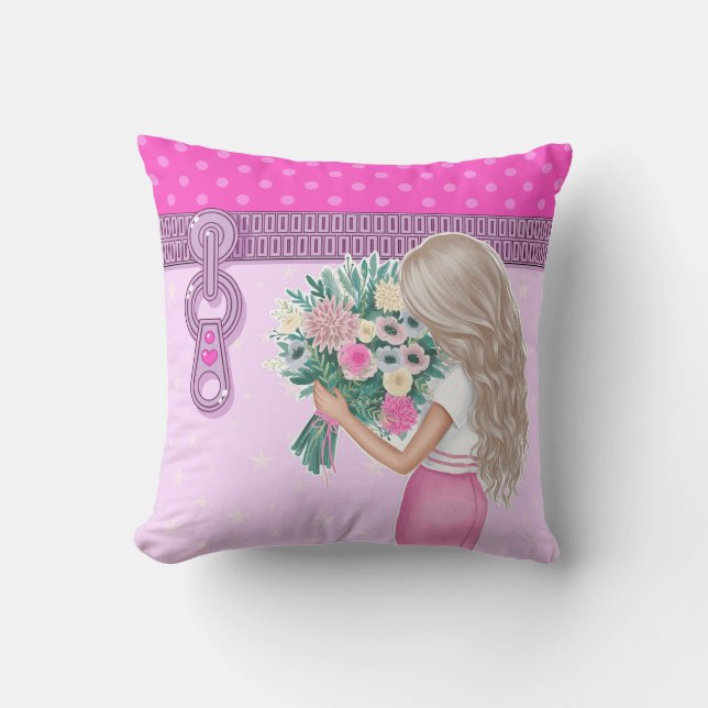 Niedliche Mädchen & Rosa Blume Elegantes Blumendes Kissen (Vorderseite)