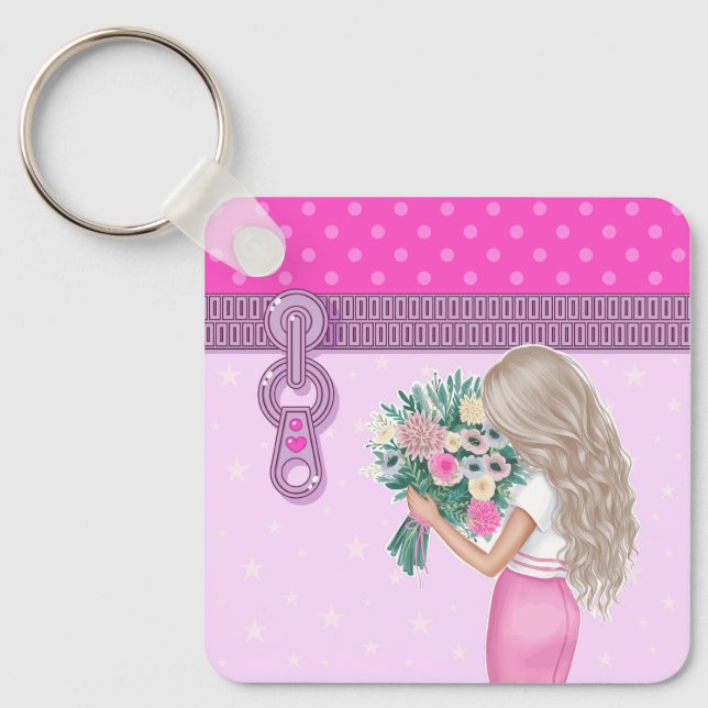Niedliche Mädchen & Rosa Blume Elegantes Blumendes Schlüsselanhänger (Vorderseite)