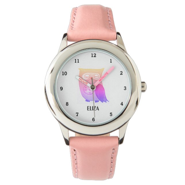 Niedliche Mädchen Rosa Vögeltiere Kinder Blumentie Armbanduhr (Vorderseite)